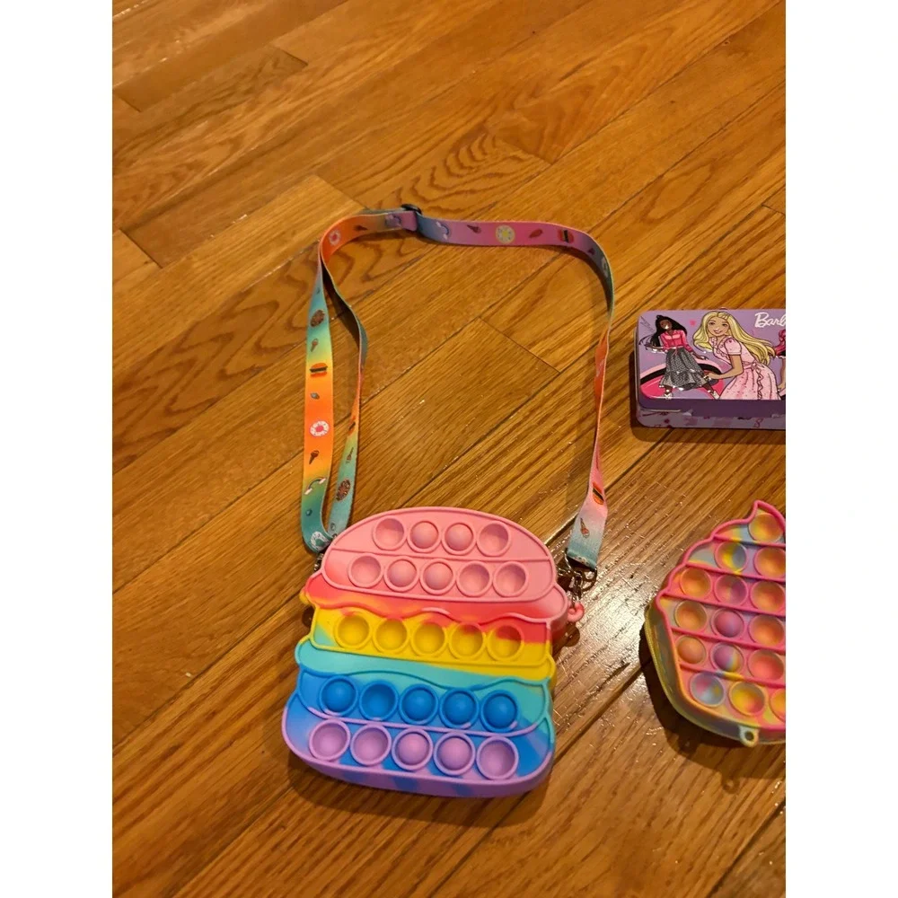Kids Pop It Purse Set Unicorn Ice Cream‎ Hamburger Bag & Barbie Tin Lunch Box